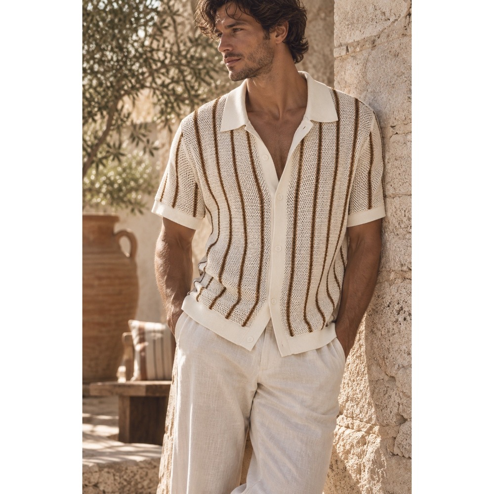 Express Mens Cotton Knit Button Up Polo Shirt Cream Brown Striped Short Sleeve S